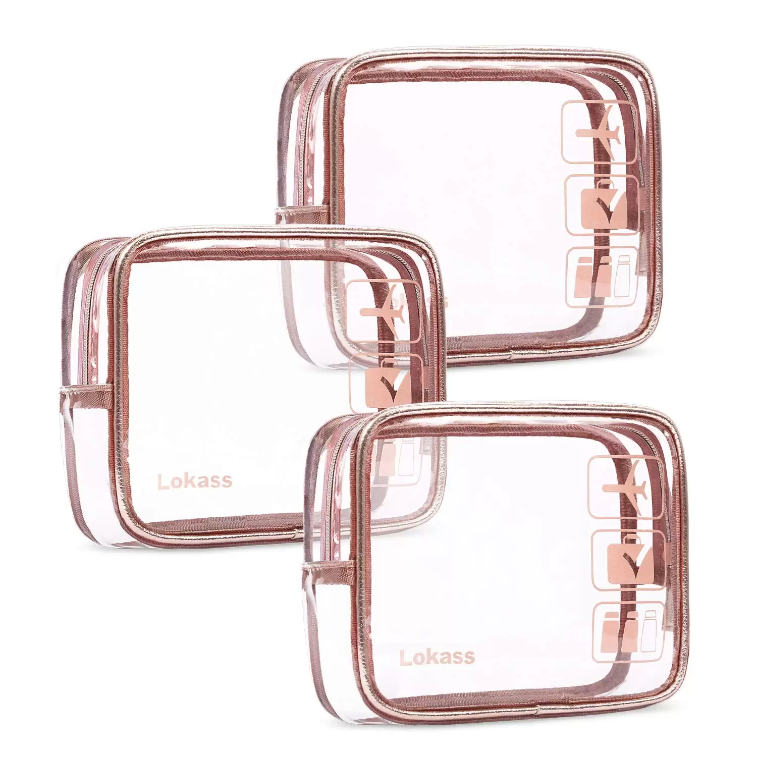 3pcs Clear Travel Toiletry Bags for Men Women. TSA Approved Transparent Makeup Pouch Cosmetic Organizer Set. Quart Sized Carry-On Luggage Bags with Zipper. Rose Gold