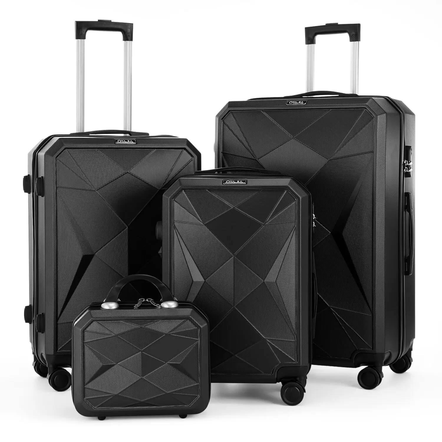 4 Piece Hardside Luggage Suitcase Set with 360?? Double Spinner Wheels. 12 Travel Case. 20 Carry-On Luggage. 24 Checked Luggage and 28 Checked Luggage. Black