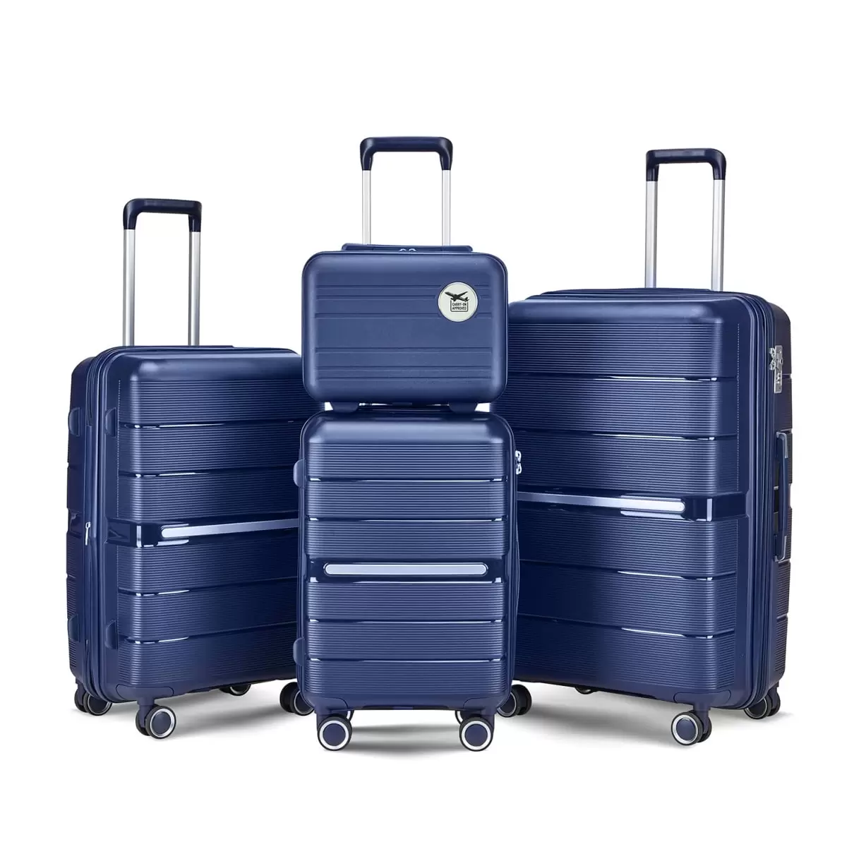 4 Piece Luggage Set. 3 Durable Expandable PP Lightweight Suitcase with Noise-free Spinner Wheels TSA Lock & A Hand Case. 14/20/24/28 Hardshell Storage Case for Travel Vacation. Navy Blue