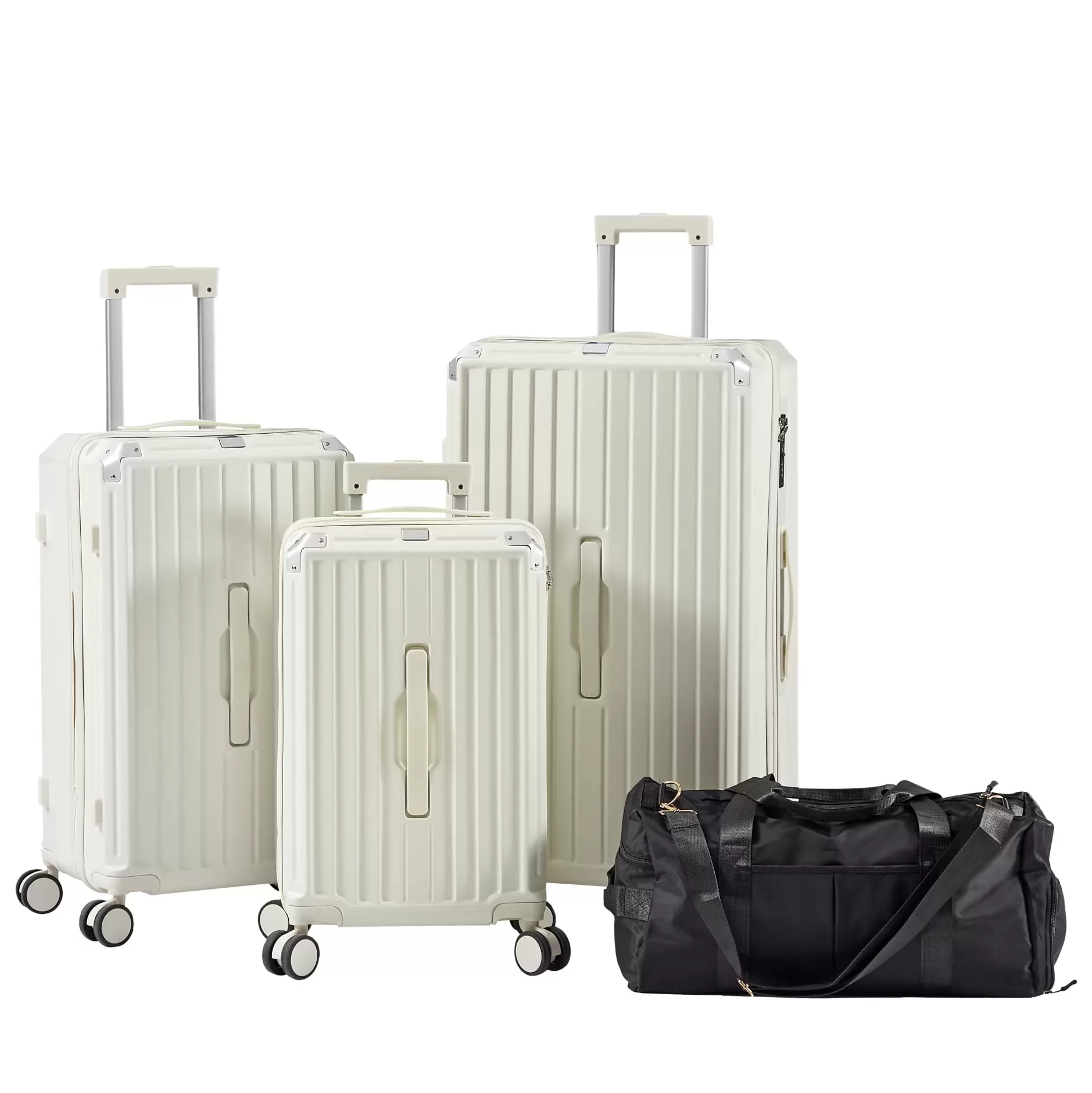 4 Piece Luggage Sets. PC+ABS Hardshell Luggage Set for Travel. Lightweight Suitcase Set With Collapsible Cup Holder. 360?? Silent Spinner Wheels. TSA Lock. (20/24/29/Travel Bag) White