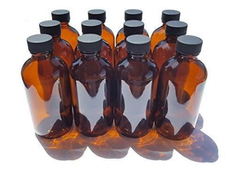 4 oz Amber Glass Boston Round Bottles With Black Ribbed Cap - 12 Pack