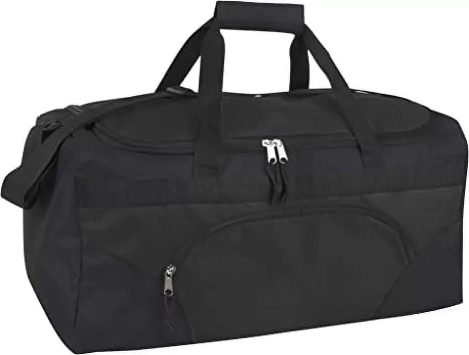 40 Liter 22 Inch Duffle Bag with Reflective Stripe. Front Accessory Pocket. Velcro Handles. Dual Zipper Closure and Luggage Strap for Traveling. Commuting. Sports and Gym Equipment in Black and Silver