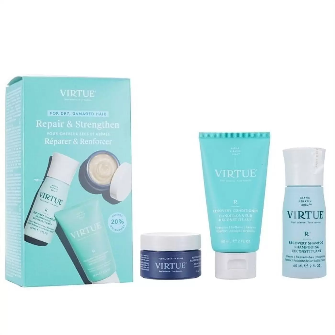 ($49 Value) Virtue Repair and Strengthen Hair Care 3-Pc Travel Set. for Dry. Damaged Hair