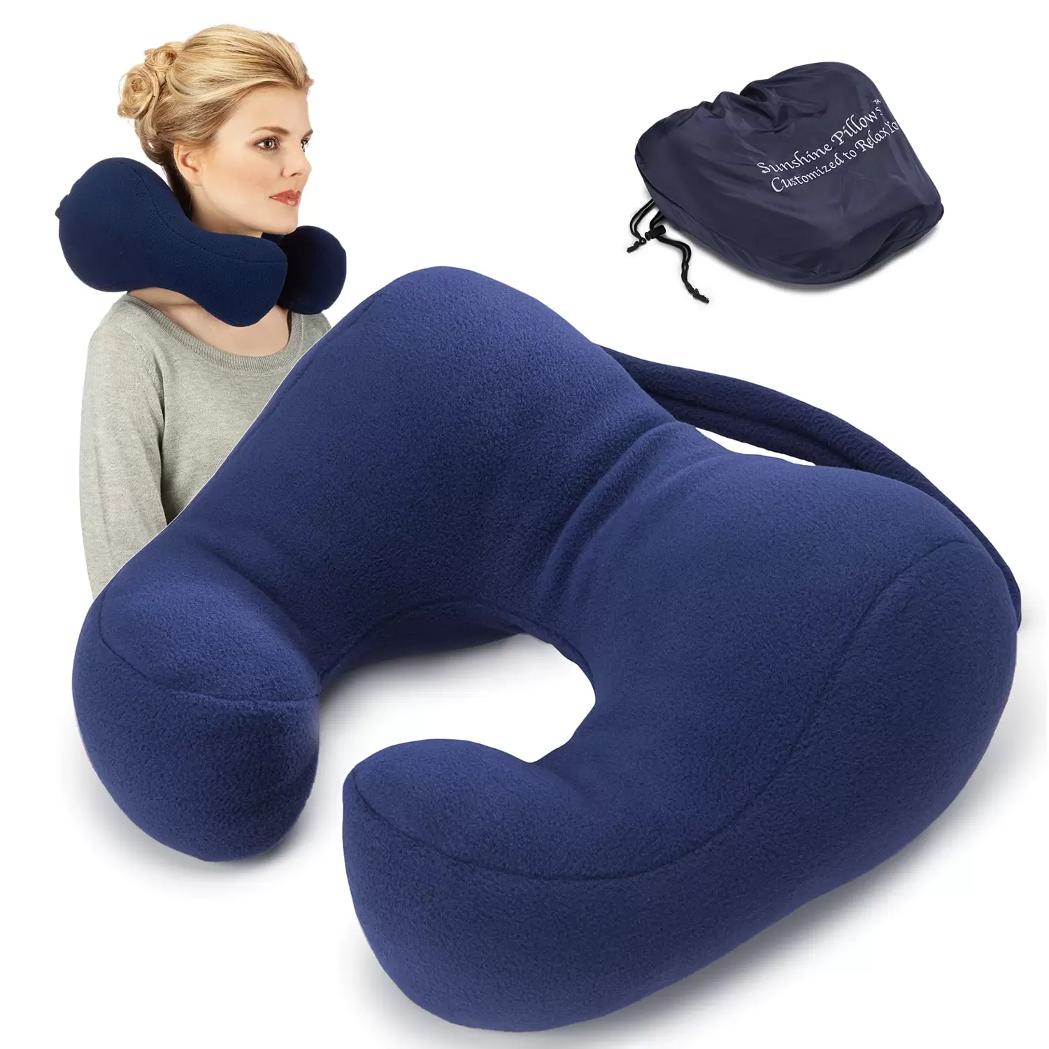 SunnyBay Ergonomic Travel Neck Pillow. Cervical Neck Support. Airplan Bus Train Recliner Sofa Chair Cushion. Navy Blue. Medium