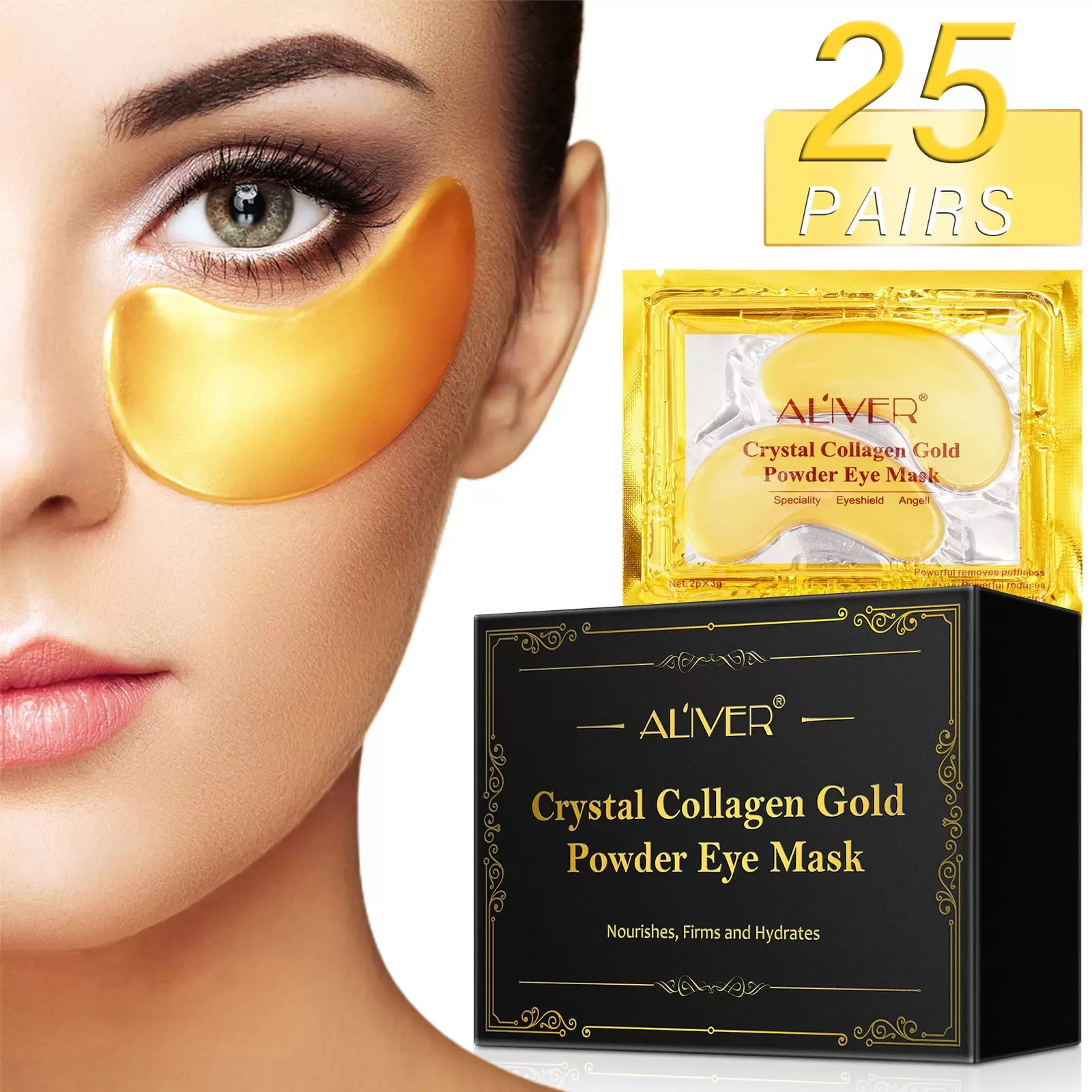 Aliver Under Eye Patches (25 Pairs).Collagen Eye Mask. for Under Eye Masks for Dark Circles and Puffiness.24K Gold