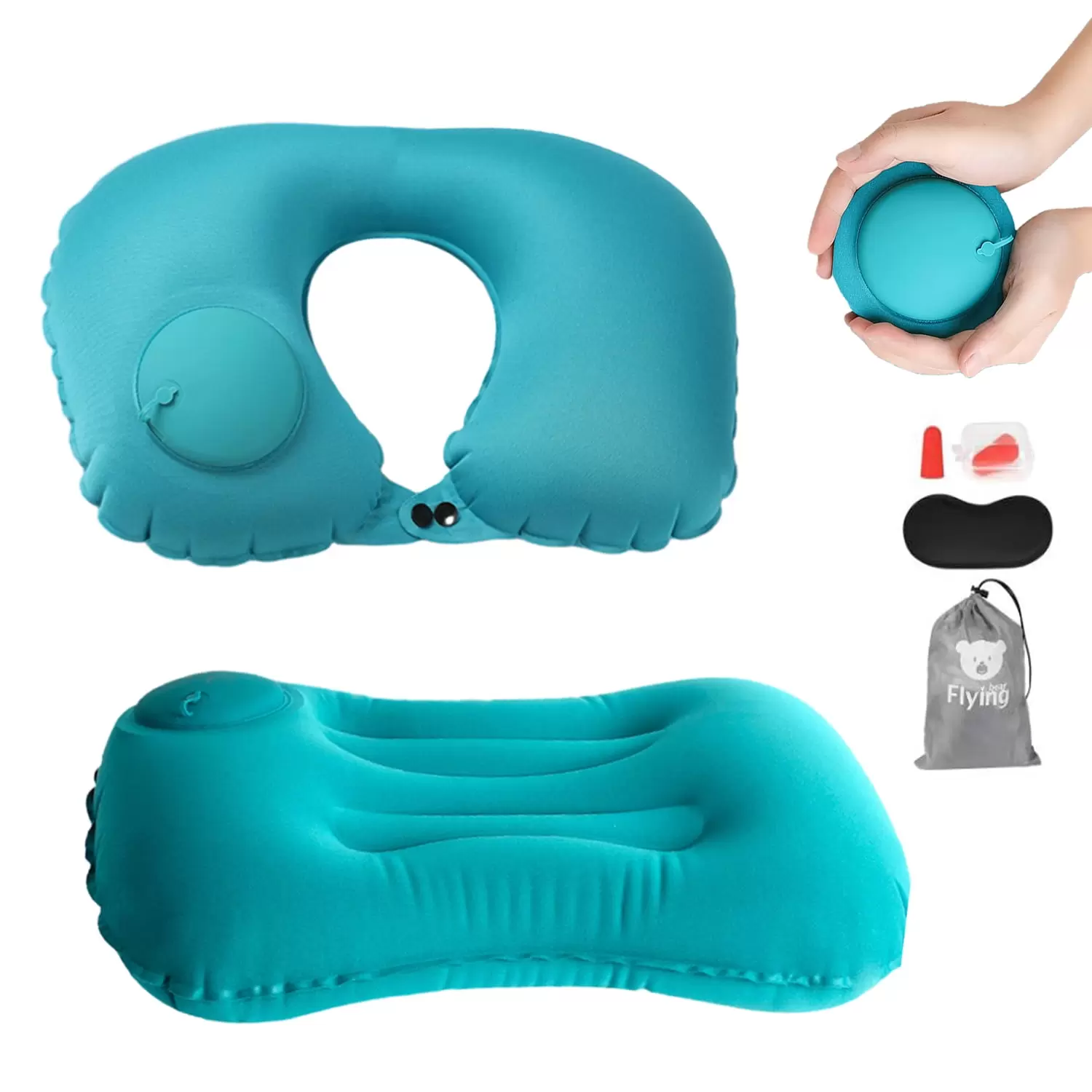 4Pcs Inflatable Travel Pillows Set.Adjustable Fast Inflatable U Shape Neck Pillow.Portable Waist Support Cushion .Earplugs Eye Mask and Carry Bag. for Airplanes.TravelingMint Green