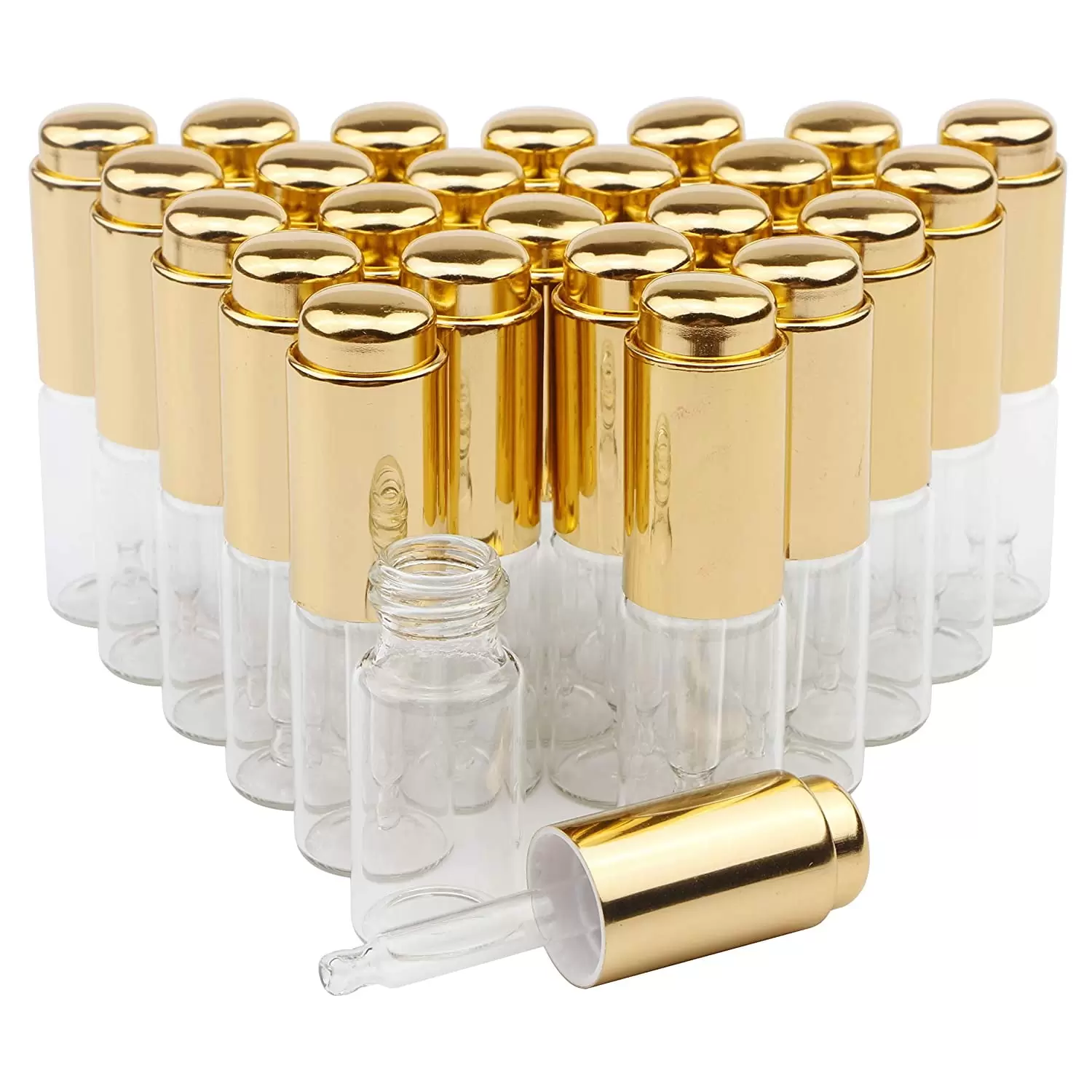 10ml 1/3 Oz 25pcs Set Empty Refillable Clear Glass Dropper Bottle Essential Oil Aromatherapy Vials Cosmetics Jar Pot Container with Gold Pressure Pump and Tip Glass Eye Dropper