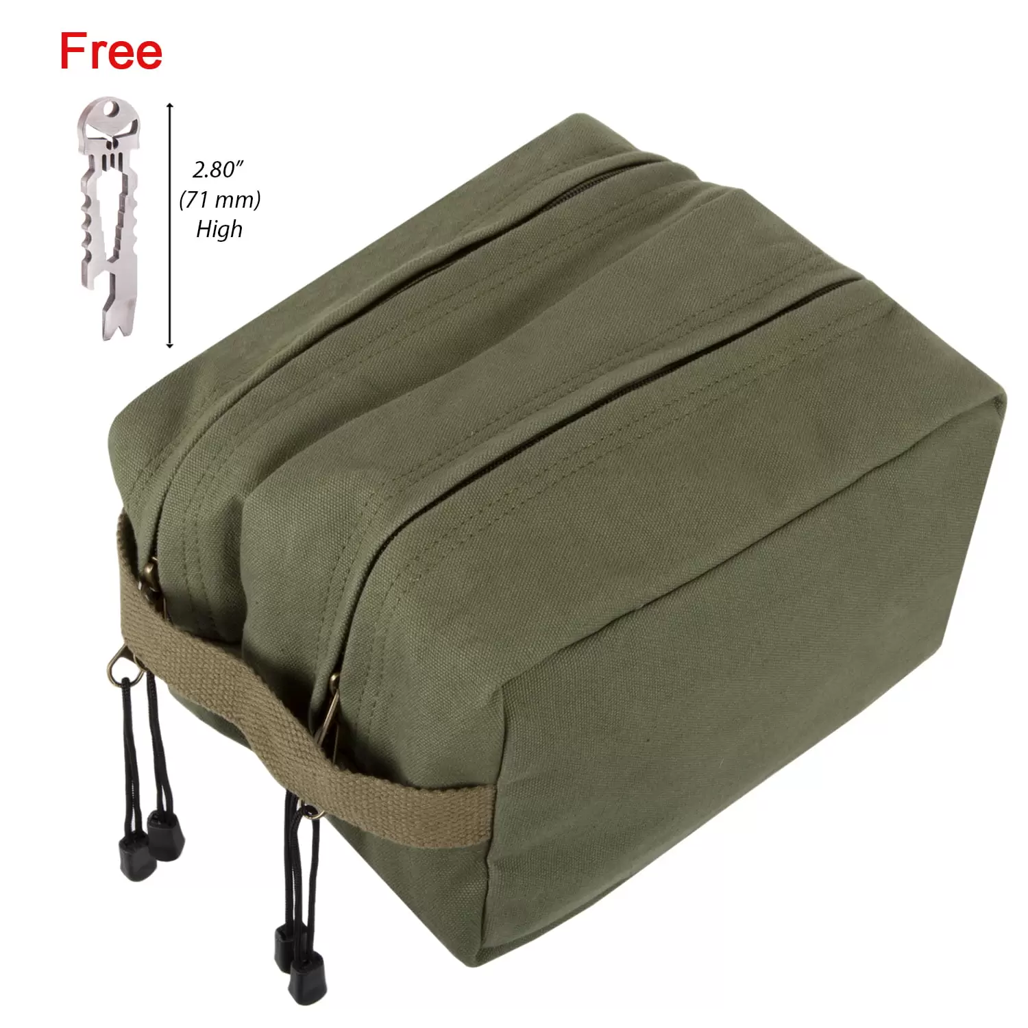 Canvas Dual Compartment Travel Toiletry Bag. Olive w/ Silver FREE Punisher Tool