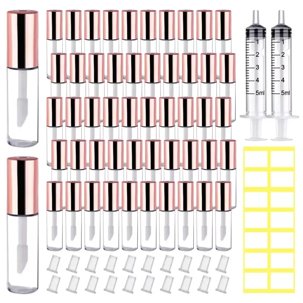 50PCS Mini Lip Gloss Containers Lip Gloss Tubes with Wand 1.2ml Empty Refillable Travel Lip Balm Bottles for Samples with 5ml Syringes DIY Lip Gloss Base + Tag Labels (Rose Gold)