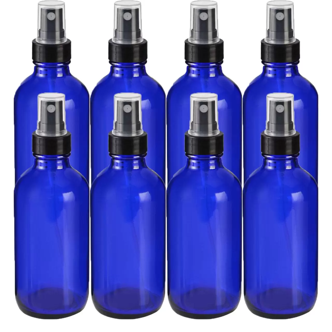 Global Cobalt Blue 4oz Black Mist Sprayer Bottle (120ml) Pack of 8 - Glass Tincture Bottles with Black Mist Sprayers for Essential Oils & More Liquids - Leakproof Travel Bottles