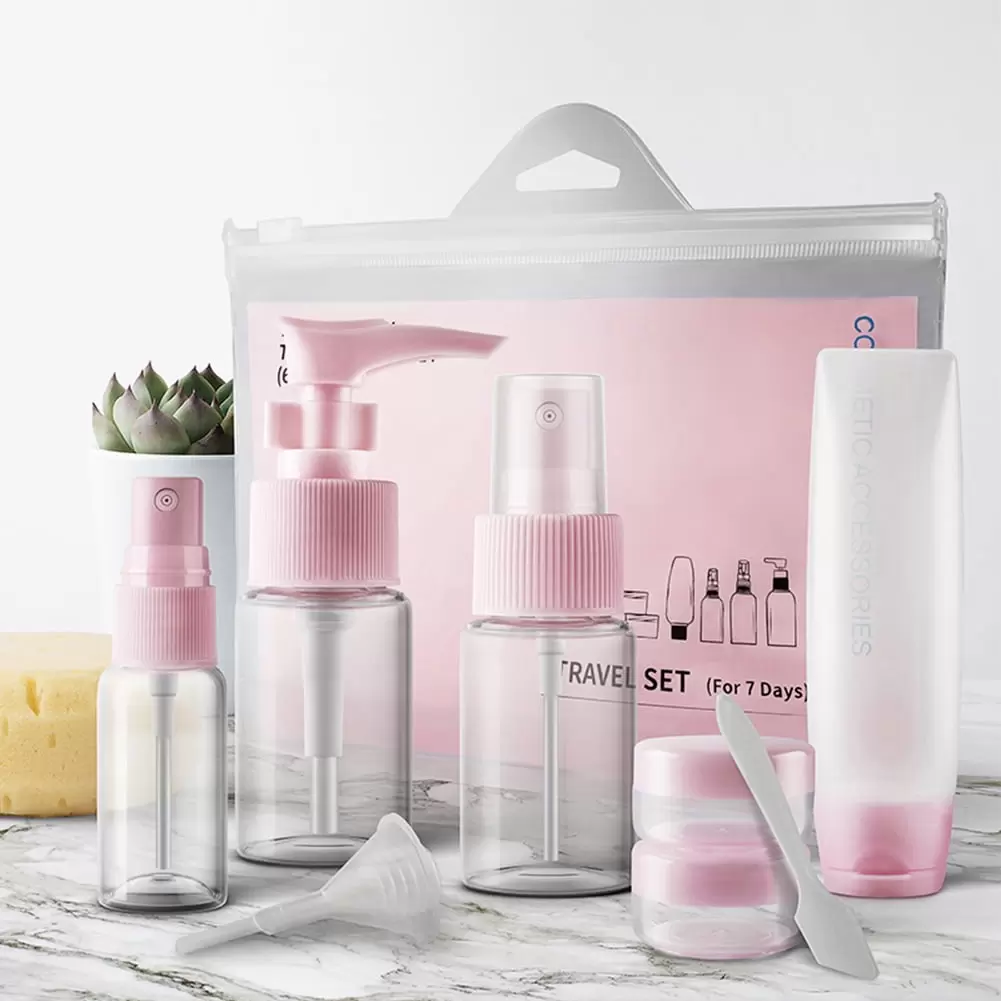 9Pcs Travel Size Toiletries Containers Travel Bottles Set Cosmetic Makeup Liquids Travel Container Approved Leak Proof BPA Free Refillable Plastic Clear Empty Pink