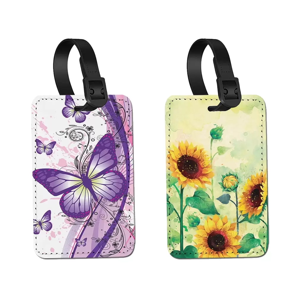 WIRESTER 2pcs Set PU Leather Luggage Tags Privacy Label Flap for Travel Suitcase Baggage - Purple Butterfly. Sunflowers