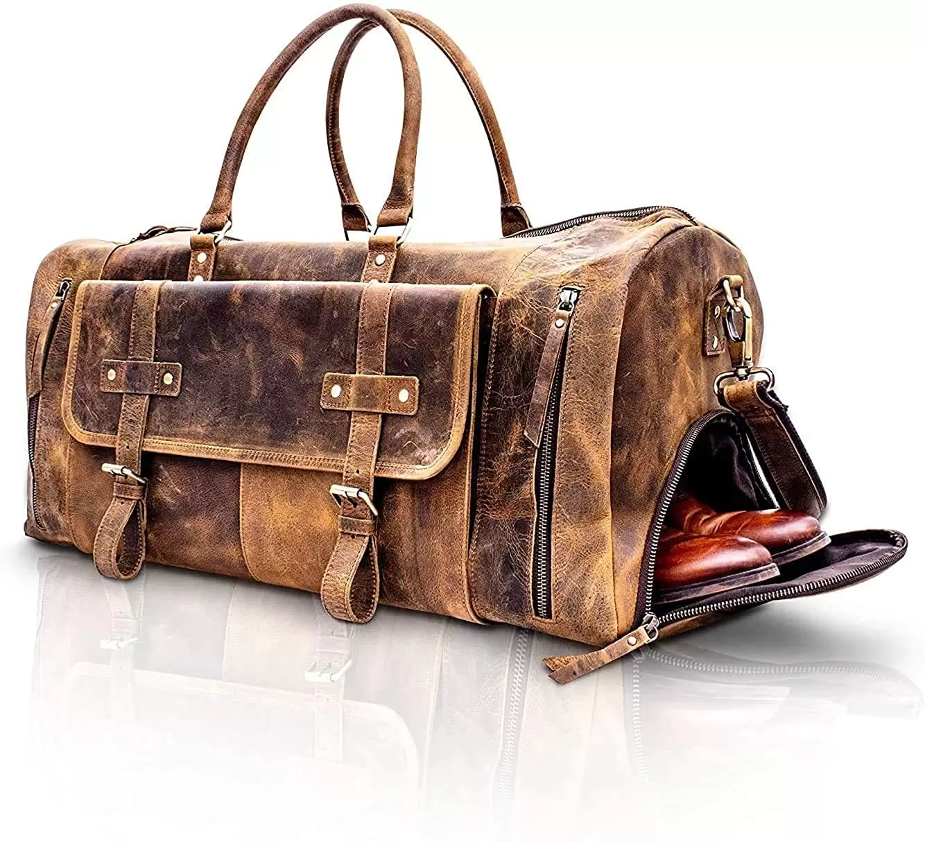 KomalC Leather Travel Duffel Bags for Men and Women Full Grain Leather Overnight Weekend Leather Bags Sports Gym Duffle.