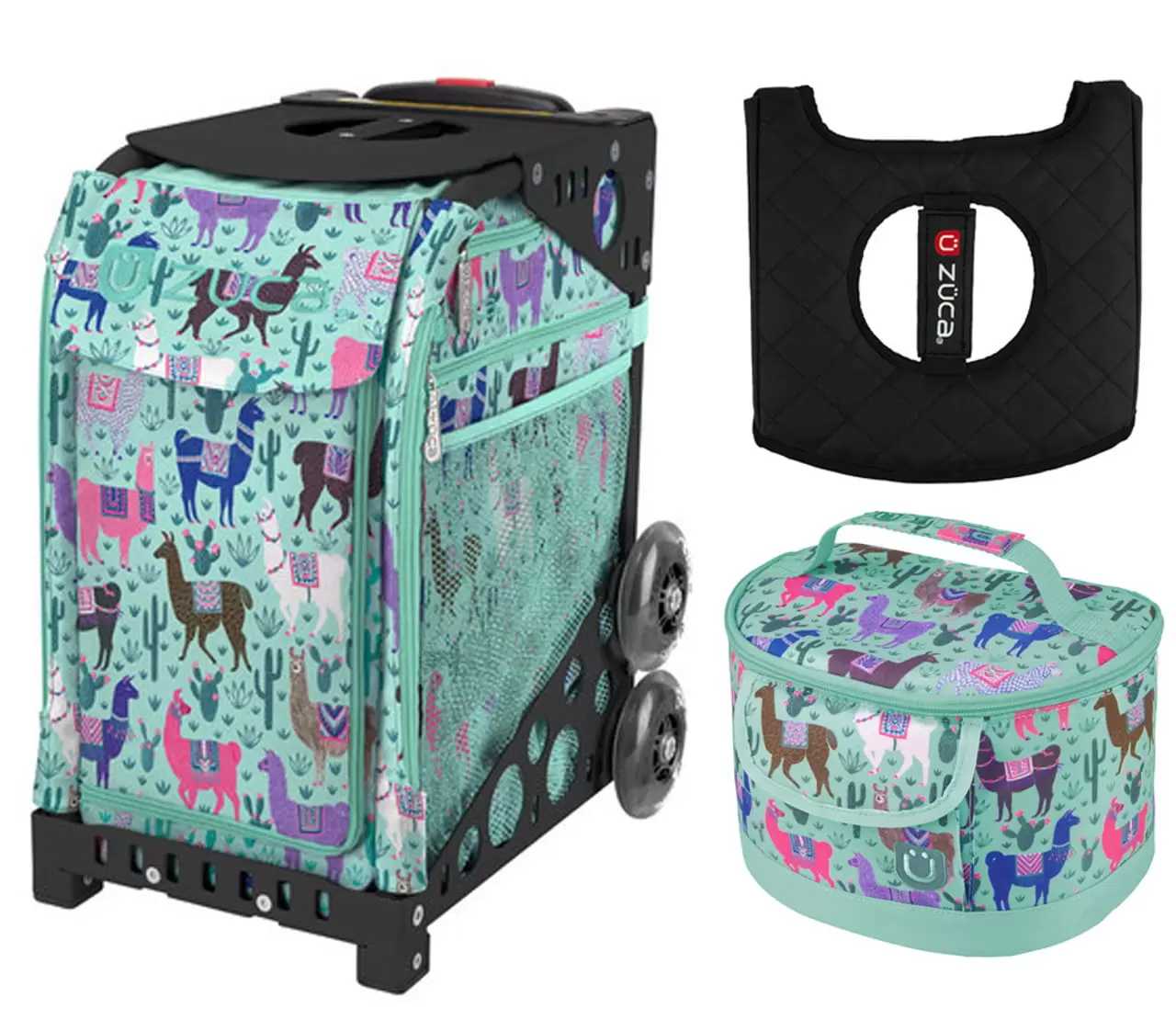 Zuca 18 Sport Bag - Llama Rama with Non- Flashing Wheels. Lunchbox and Seat Cover (Black Frame)