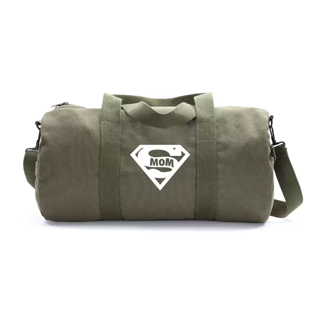 Super Mom Army Sport Heavyweight Canvas Duffel Bag in Olive & White. Medium