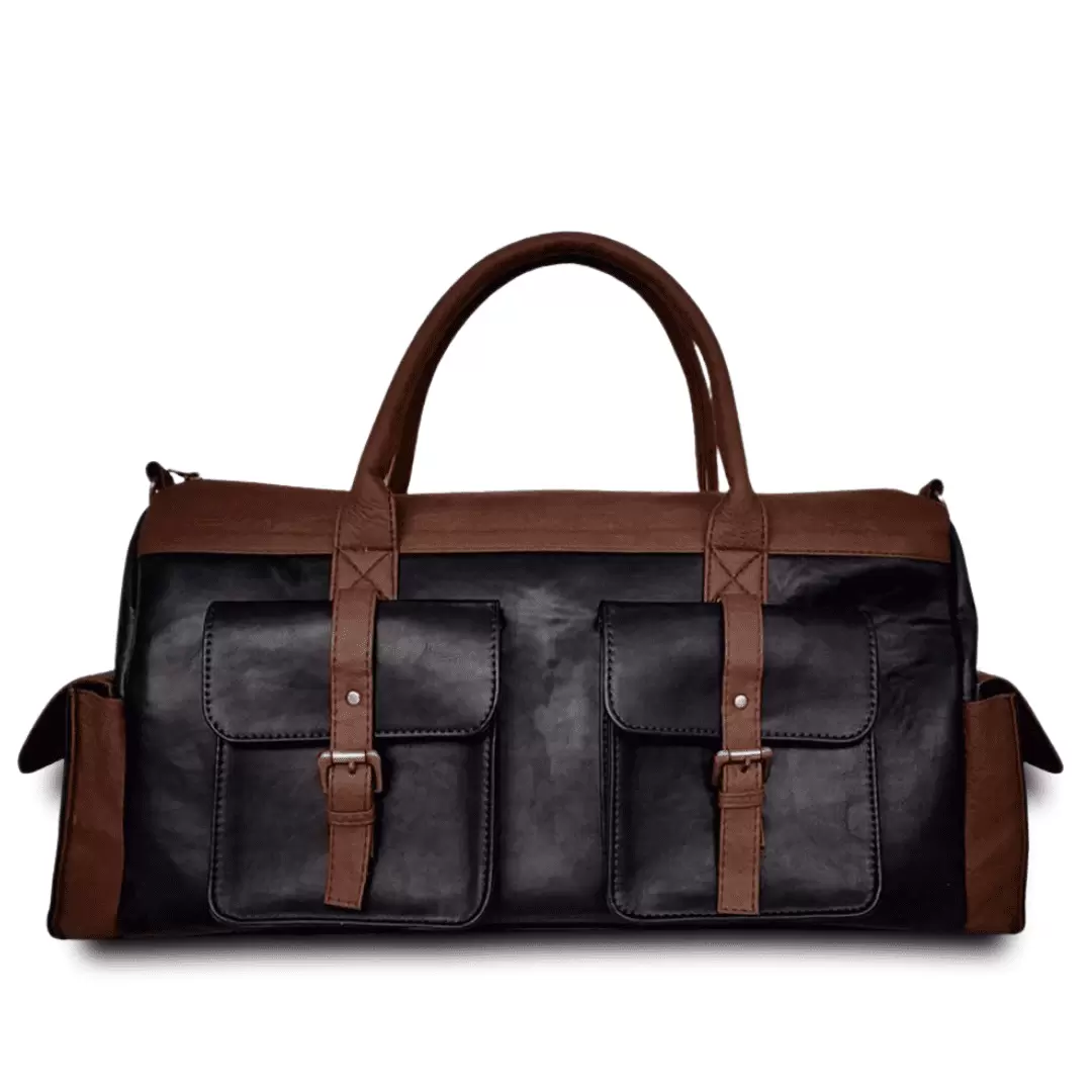 Blue & Brown 4 Pocket Leatherette Duffle Bag Designed with Spacious Interiors. Detachable Straps Lightweight Luggage for Travel