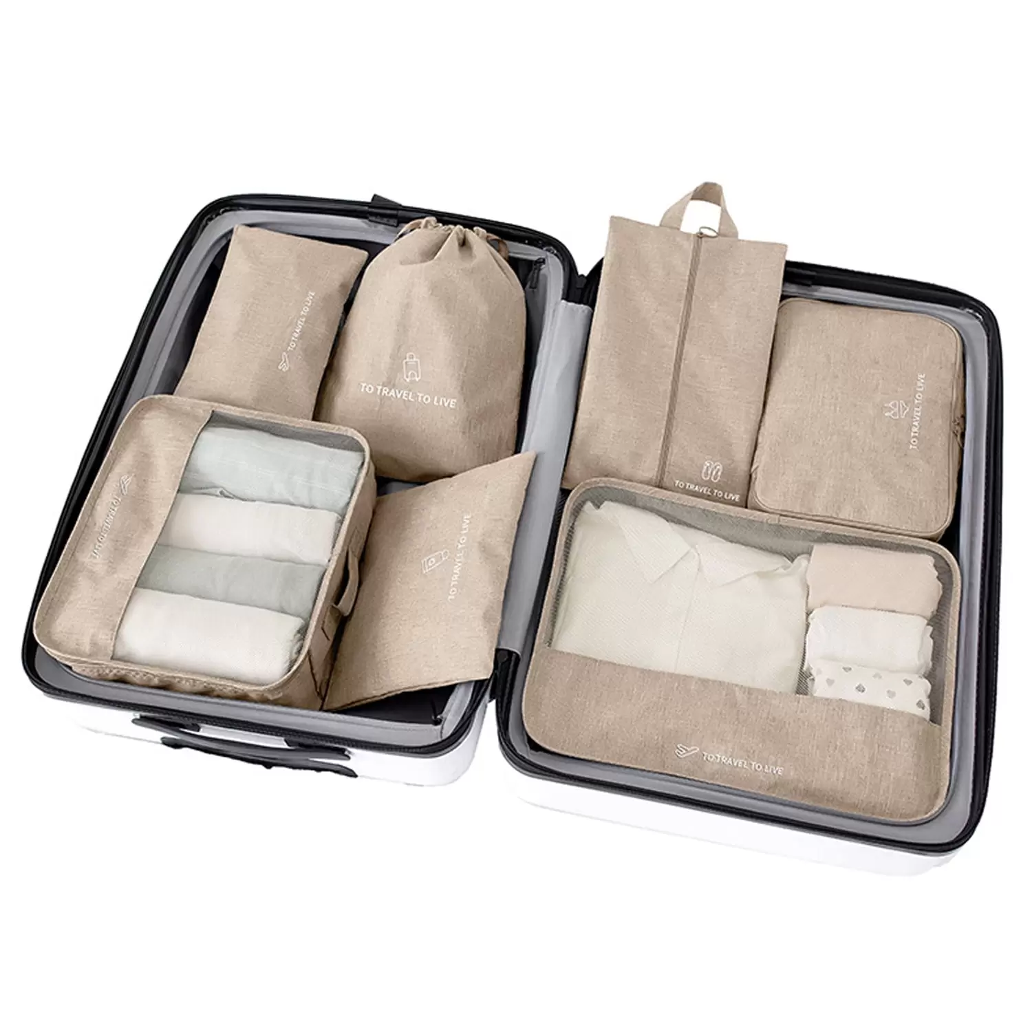 7PCS/Set Packing Cubes For Suitcase.Travel Luggage Organiser Travel Essentials Bag Clothes Shoes Multifunction Waterproof Compression Suitcase BagKhaki