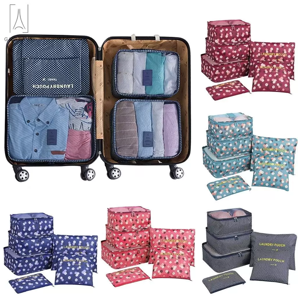 Gustave 6Pcs Packing Travel Organizer Cubes Set Waterproof Clothes Storage Bags Multi-functional Luggage Organizer Pouch Toiletry Bag (Blue)