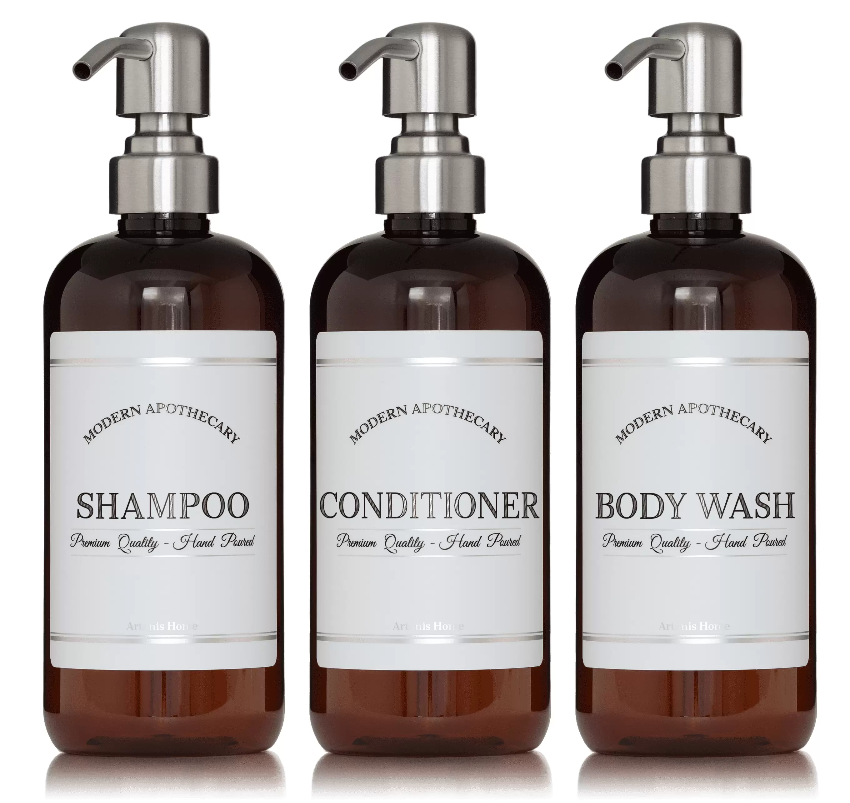 Artanis Home Amber Refillable Body Wash. Shampoo and Conditioner Bottles - PET Plastic Shampoo Bottles with Stainless Steel Pumps and Modern Apothecary Labels- 16 oz. 3 Pack