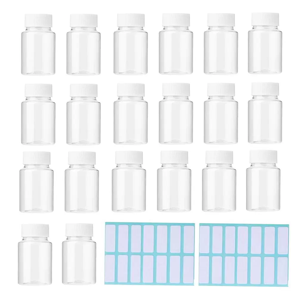 20Pcs Clear Pill Bottle Plastic Bottle Empty Reagent Bottle Chemical Containers with Caps for Liquid Solid Powder Medicine 15ML With Sticker