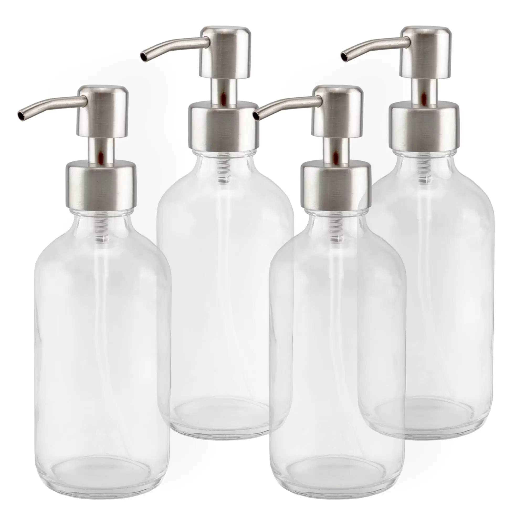 8-Ounce Clear Glass Boston Round Bottles w/ Stainless Steel Lotion Pumps (4-Pack); Empty Refillable Liquid Soap & Lotion Bottles