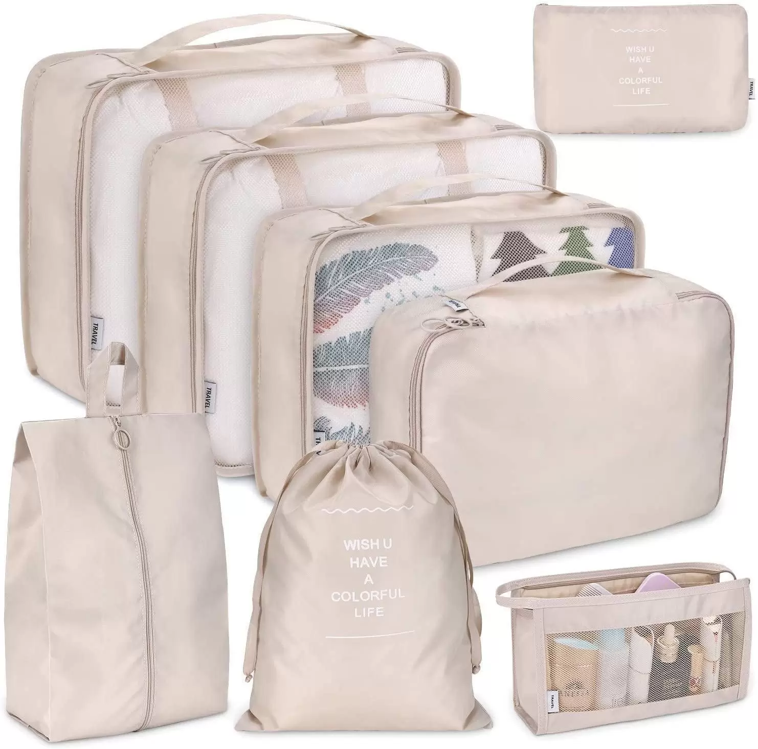 8-Piece Set of Foldable Travel Packing Cubes - Lightweight Luggage Storage Bags (Beige)