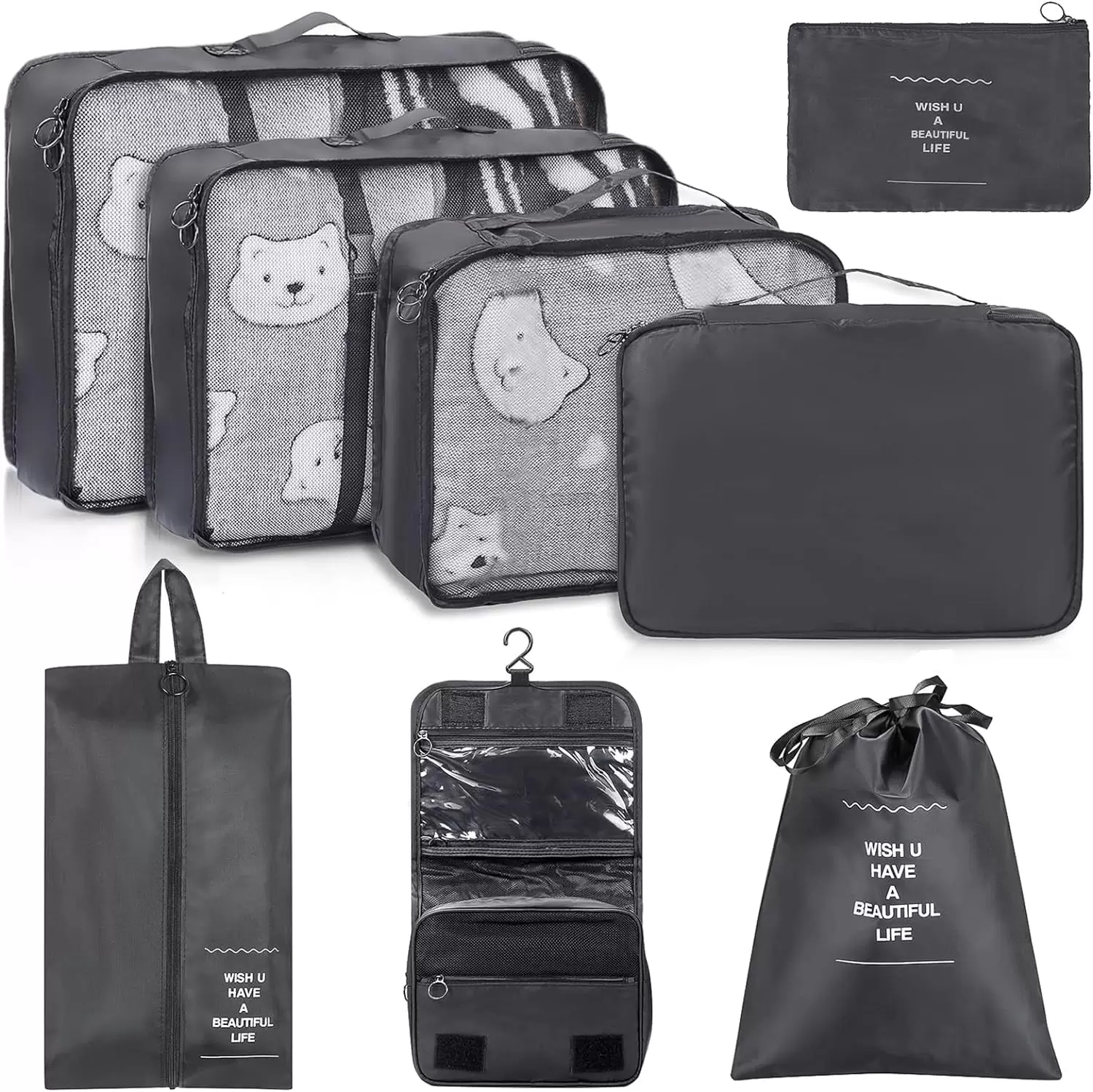 8 Sets Luggage Packing Organizers for Travel Accessories. Travel Essentials. Including Waterproof Shoe Storage Bag Convenient Packing Pouches Clothing Underwear Bag for Traveller. Black