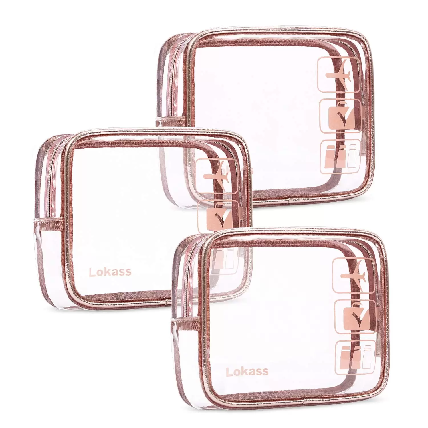 Toiletry Bag 3pcs Clear Travel Bag Set TSA Approved Transparent PVC Pouch Set for Women Girls. Quart Sized Bags with Zipper Rose Gold