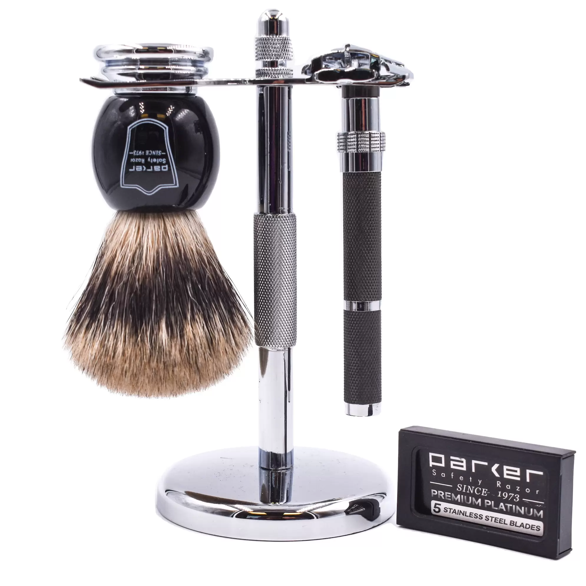 Parker Safety Razor 96R Men's Safety Razor Shave Set - Pure Badger Brush. Shave Stand & Razor