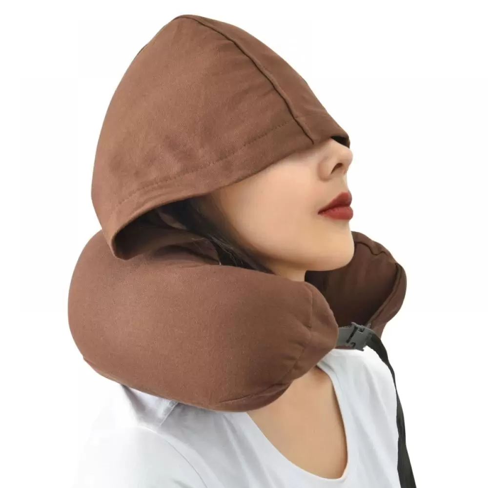 U-shaped Pillow Good Hat.Cotton Neck Pillow Cervical Spine Pillow.Lunch Break Hooded Pillow.Travel Airplane Pillow Office - Coffee Color