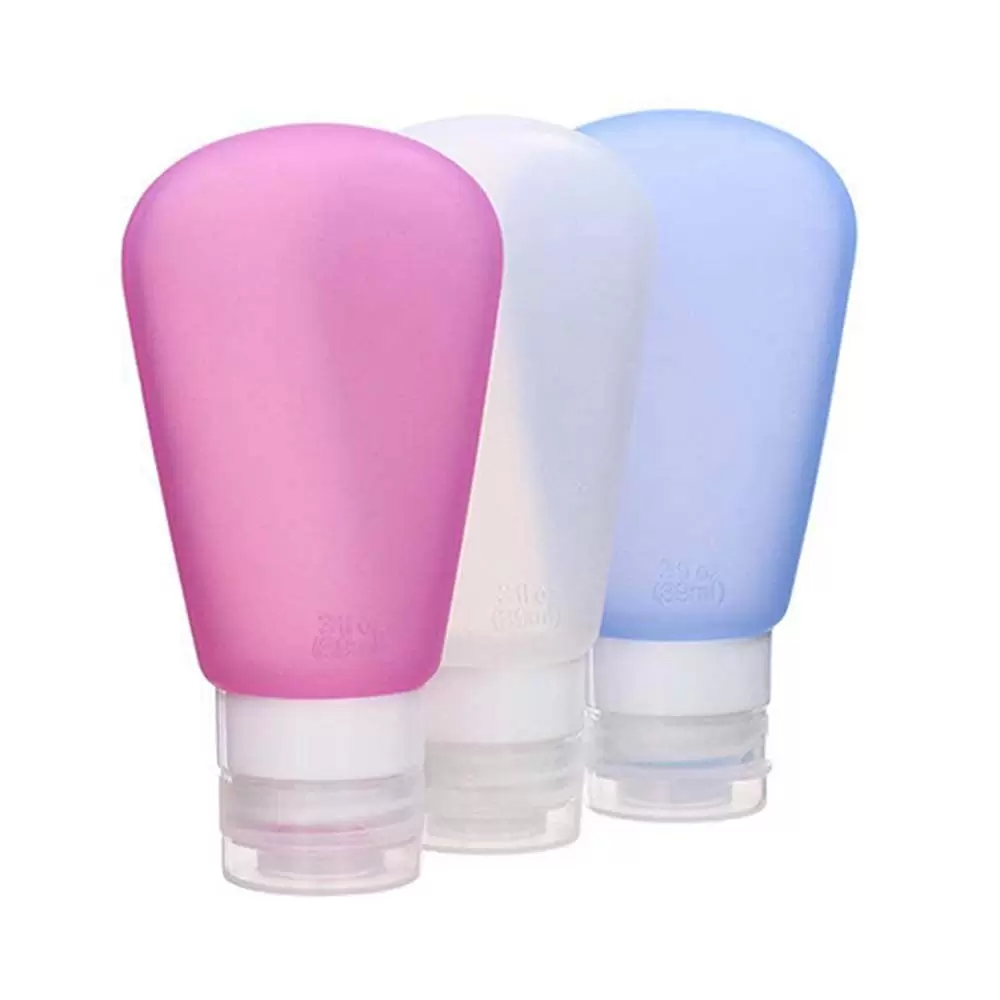 Portable Soft Silicone Travel Bottles Refillable Travel Size Containers Set (3 OZ. Pink + White + Blue)