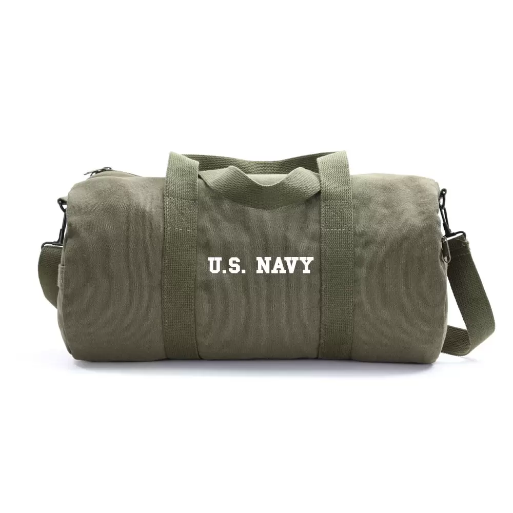 US NAVY Text Army Sport Heavyweight Canvas Duffel Bag in Olive & White. Medium