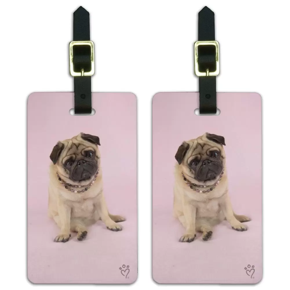 Pug Puppy Dog Sitting Pink Necklace Luggage ID Tags Suitcase Carry-On Cards - Set of 2