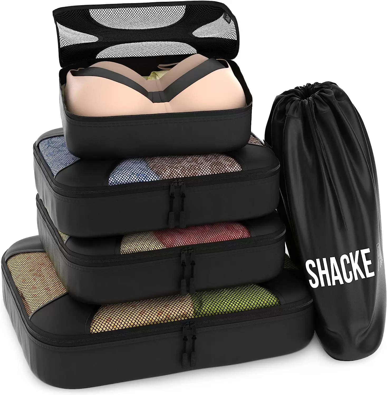 5 Set Packing Cubes - Travel Organizers with Laundry Bag (Black Mesh)