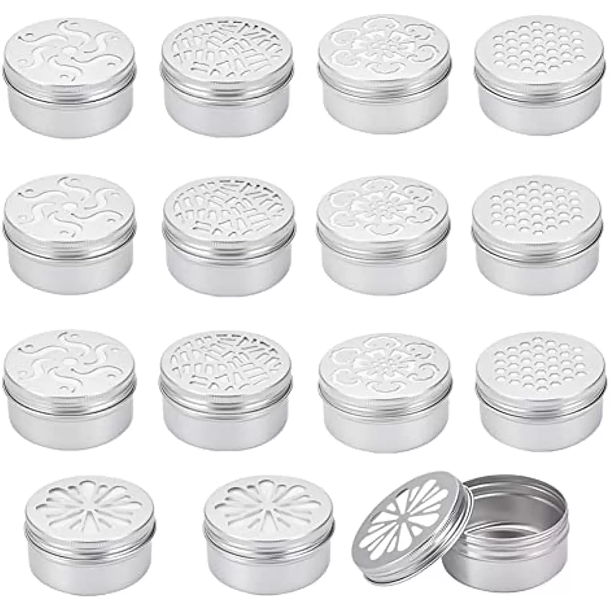 15 Pack 2.8 oz Aluminium Tins with Hollow Lid 5 Style Refillable Screw Lid Round Jars Sample for Cosmetic Aromatherapy Air Freshener Candles Travel Storage Beads