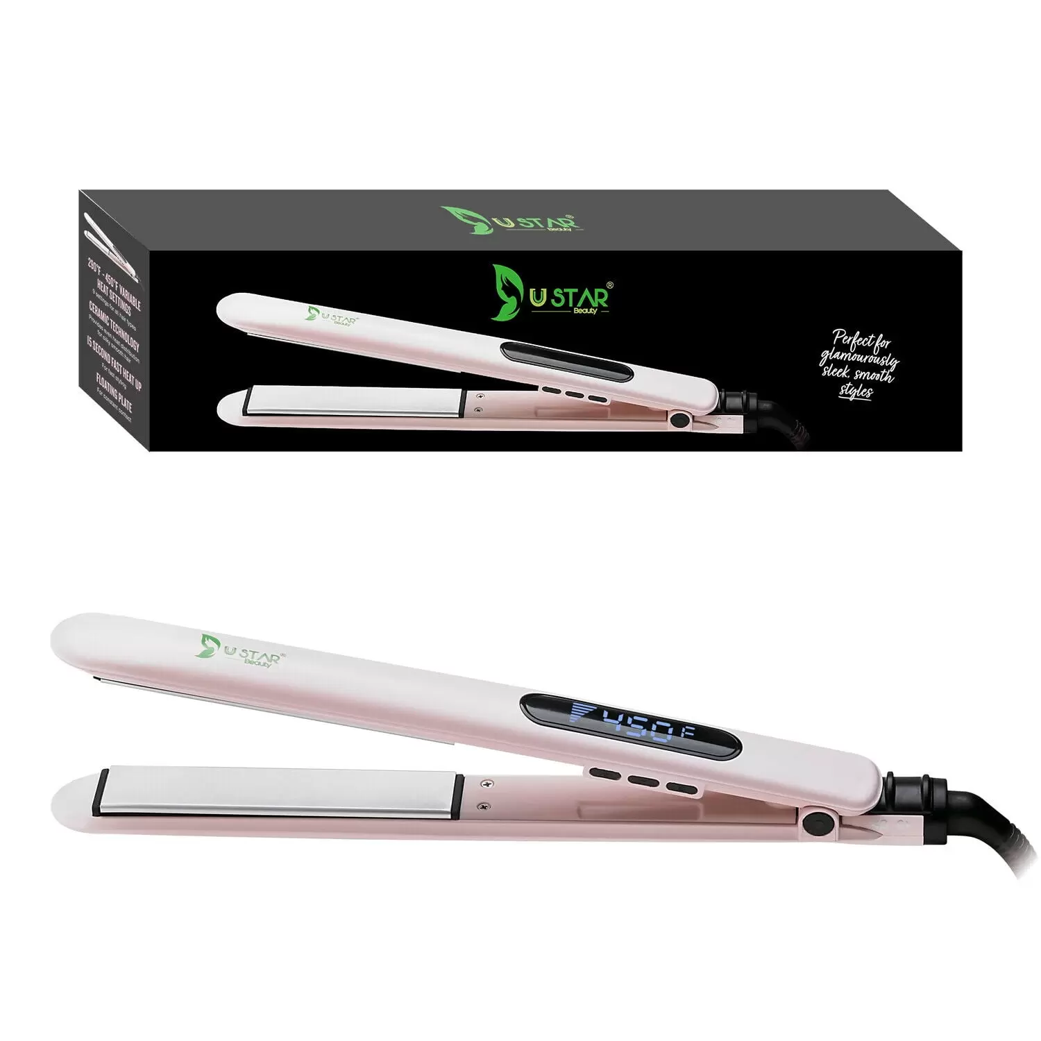 Ustar Travel Size Professional 1 Tourmaline Ceramic Flat Straightener Iron Straightener Hair Tool Hair Straightener with Dual Voltage. LCD Display. Ionic. Pink Black