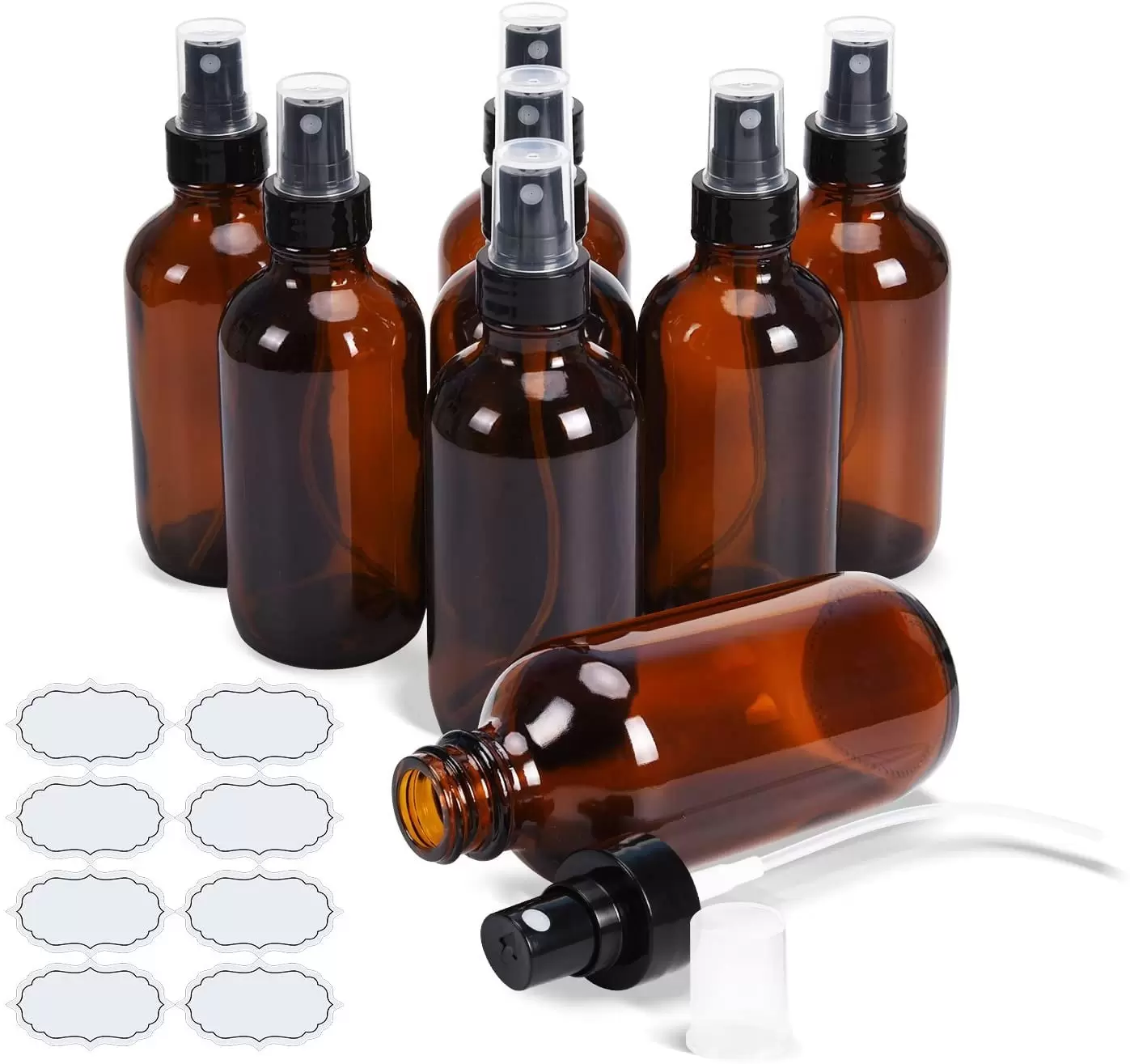 8x ULG Fine Mist Sprayers 4oz Amber Boston Bound Glass Bottles Black Spray Fine Ribbed Mist Sprayer for Home Travel