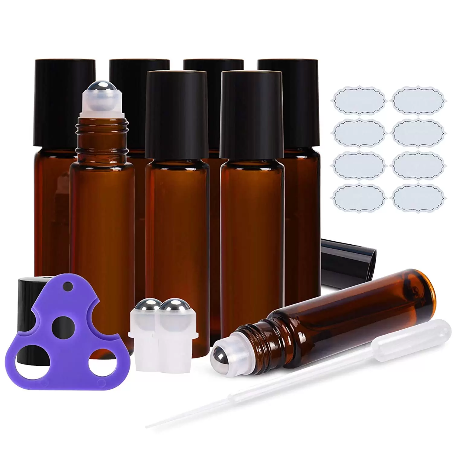 8x ULG Glass Roll on Bottles 10ml Amber Empty Essential Oil Roller Bottles with Stainless Steel Roller Ball Waterproof Labels