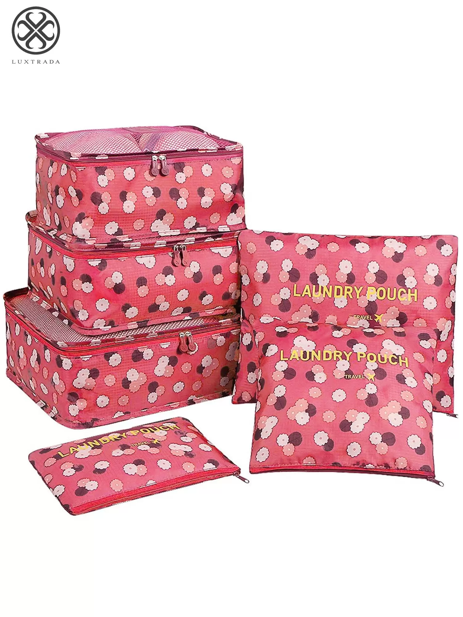 Luxtrada 6PCS Waterproof Clothes Storage Bags Packing Cube Travel Luggage Organizer Pouch (Pink Flower)