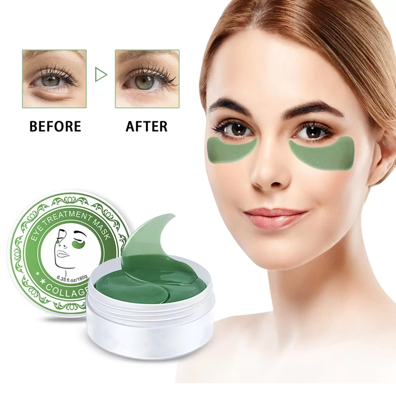 Under Eye Patches.60 Pairs Collagen Eye Treatment Mask Green Alga Under Eye Gel Pads for Moisturizing & Reducing Dark Circles Puffiness Wrinkles Fine Lines for Women and Men