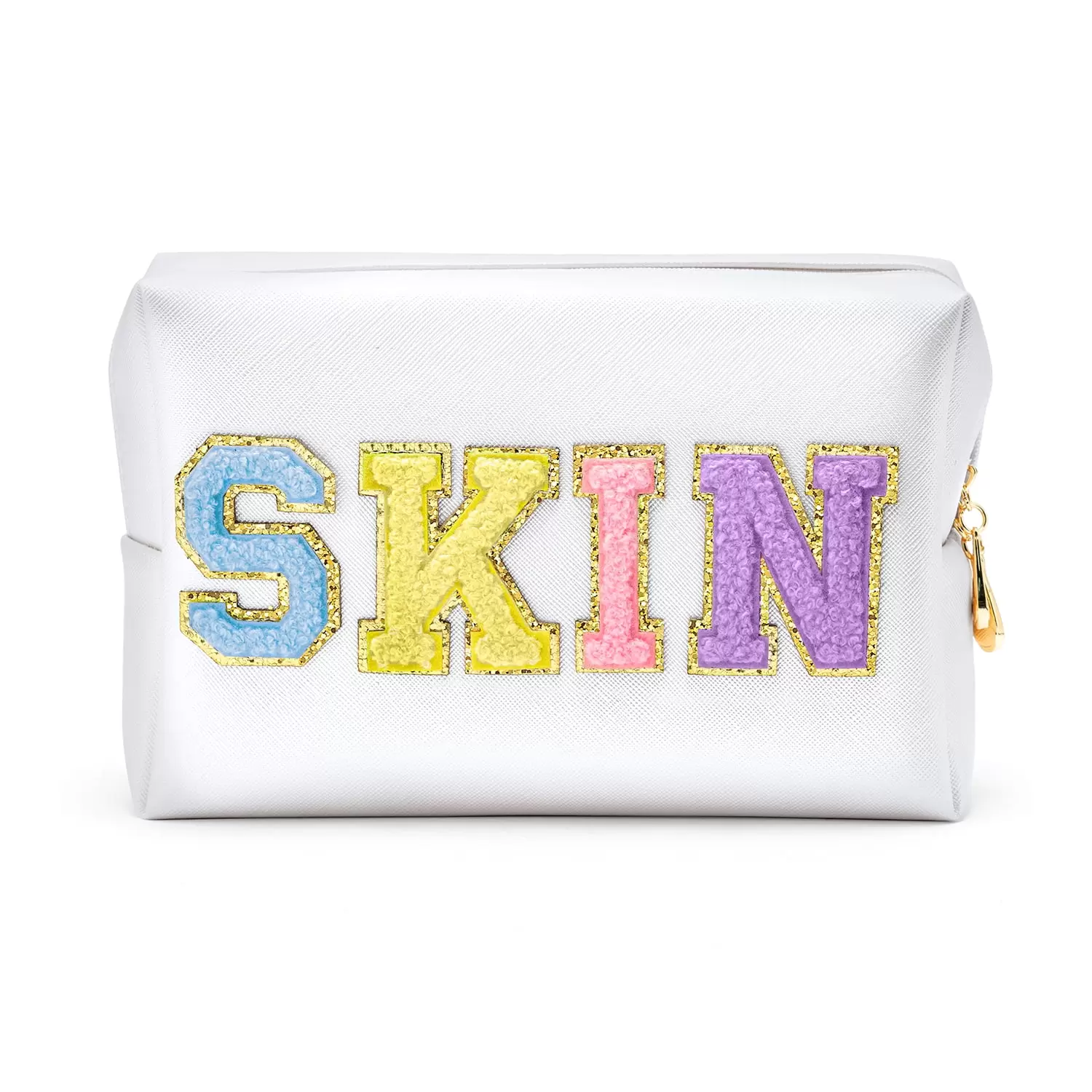 Y1tvei Preppy Patch SKIN Colorful Letter White Cosmetic Toiletry Bag PU Leather Portable Makeup Bag Daily Use Storage Pouch Toiletry Purse Waterproof Organizer for Travel Varsity Women Girls (White)