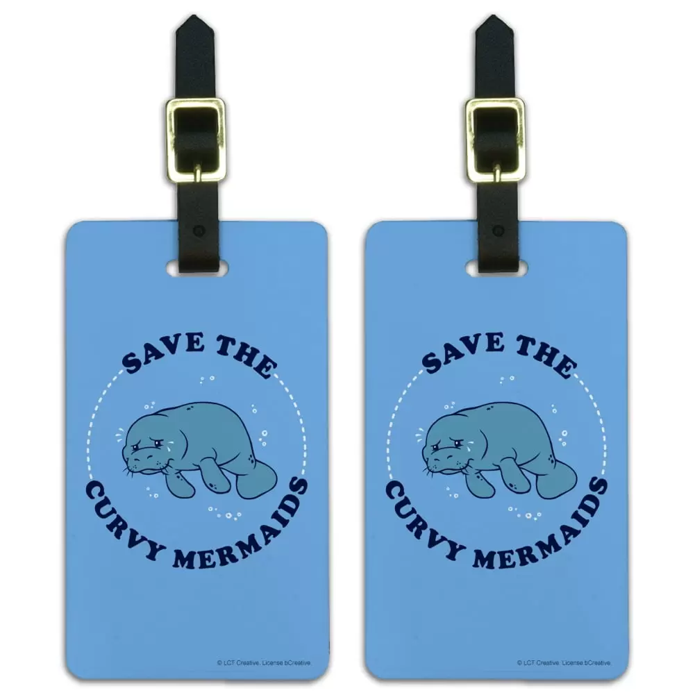 Save the Curvy Mermaids Manatee Funny Humor Luggage ID Tags Suitcase Carry-On Cards - Set of 2