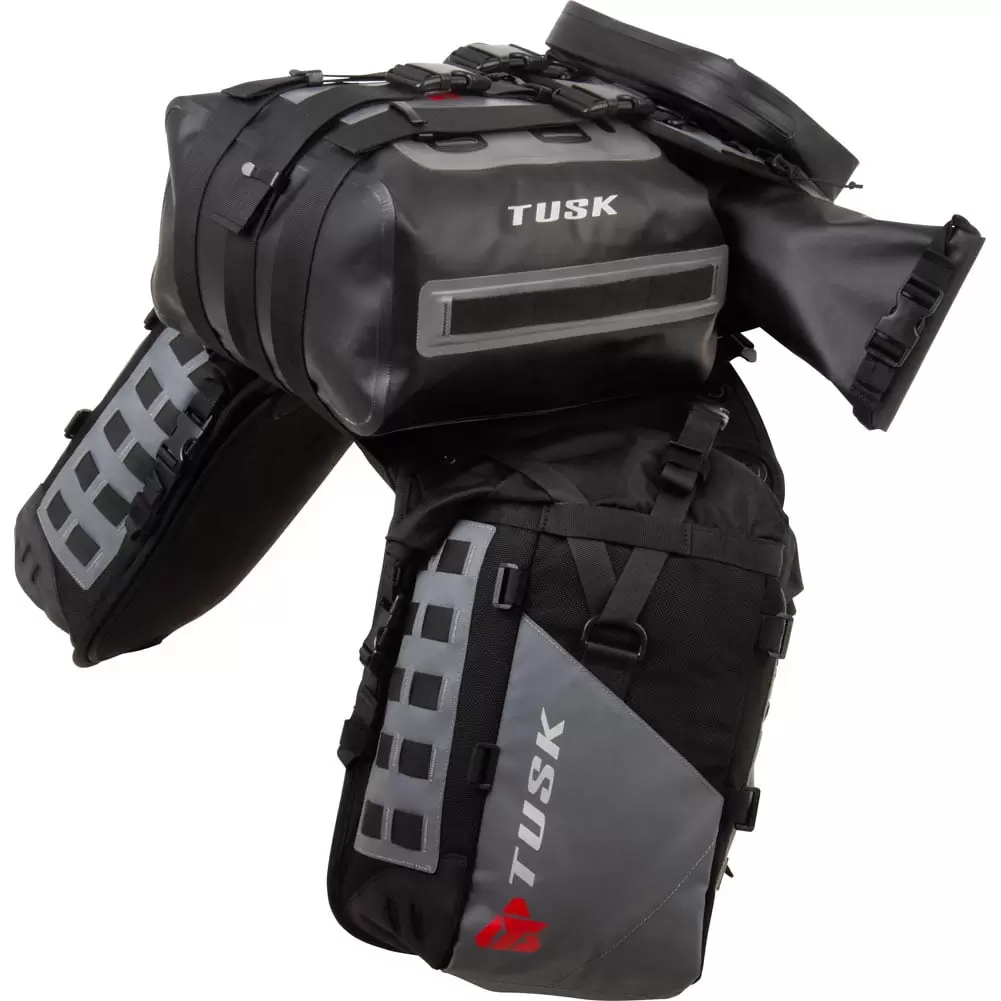 Tusk Highland X2 Rackless Luggage System w/Small Dry Duffel Tail Bag Standard Heat Shield For Suzuki V-Strom 650 XT Touring 2019-2020