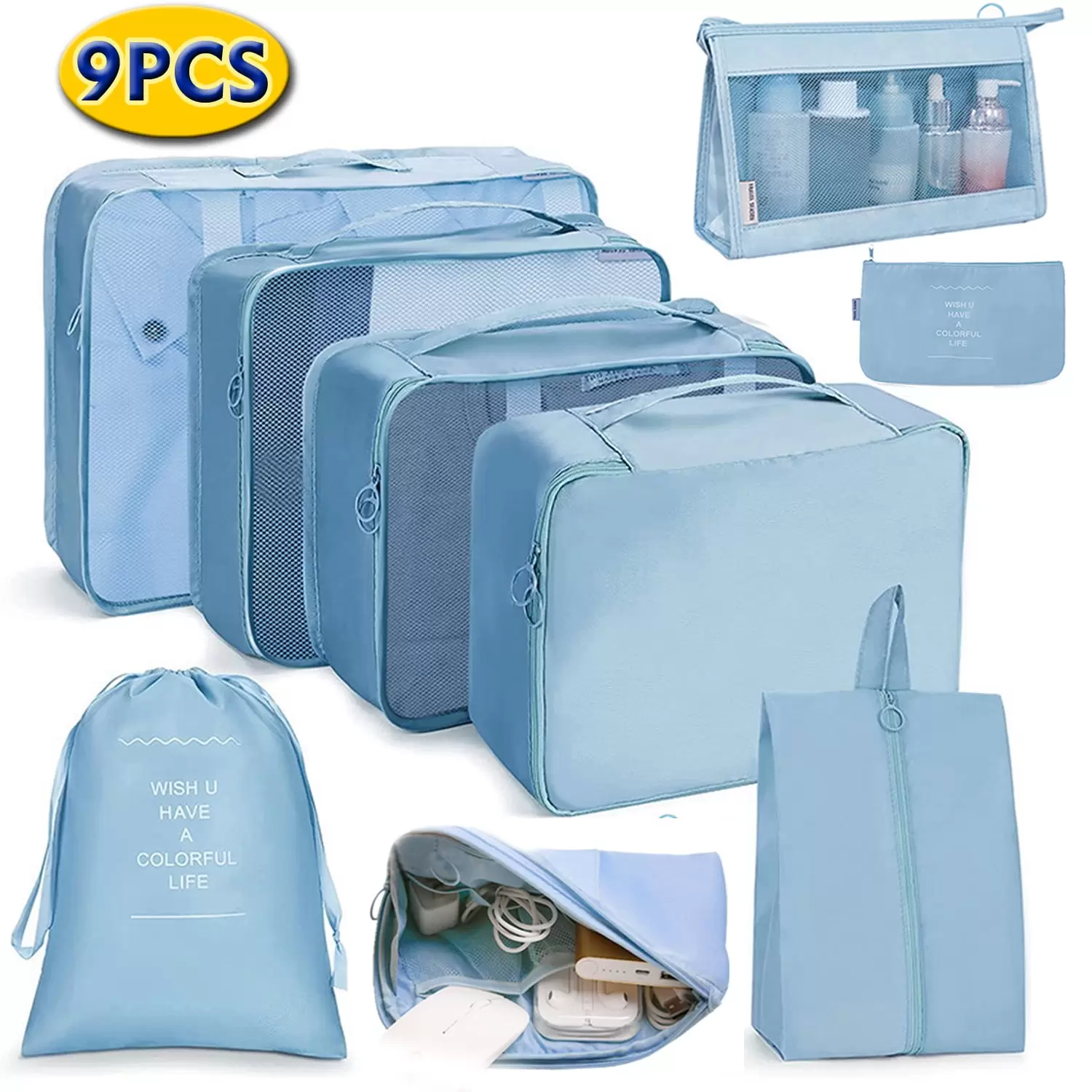 9Pcs Packing Cubes Set for Travel. Foldable Suitcase Organizer Lightweight Nylon Luggage Storage Bag Bule