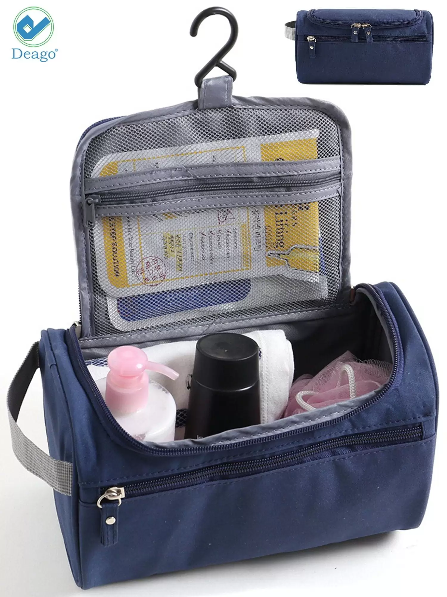 Deago Hanging Travel Toiletry Bag - Travel Toiletries Bath Bag. Bathroom Bag for Traveling - Shower Bags for Men and Women Navy