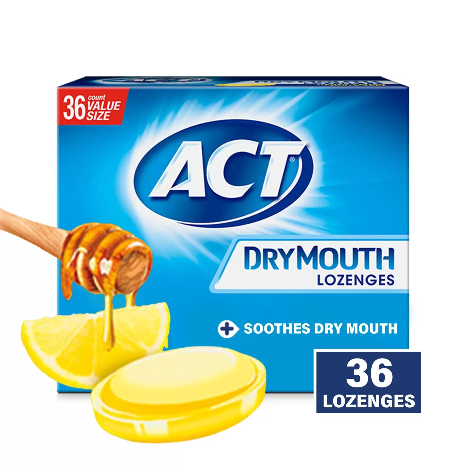 ACT Dry Mouth Throat Lozenges with Xylitol. Sugar Free Cough Drops. Honey-Lemon. 36 Count