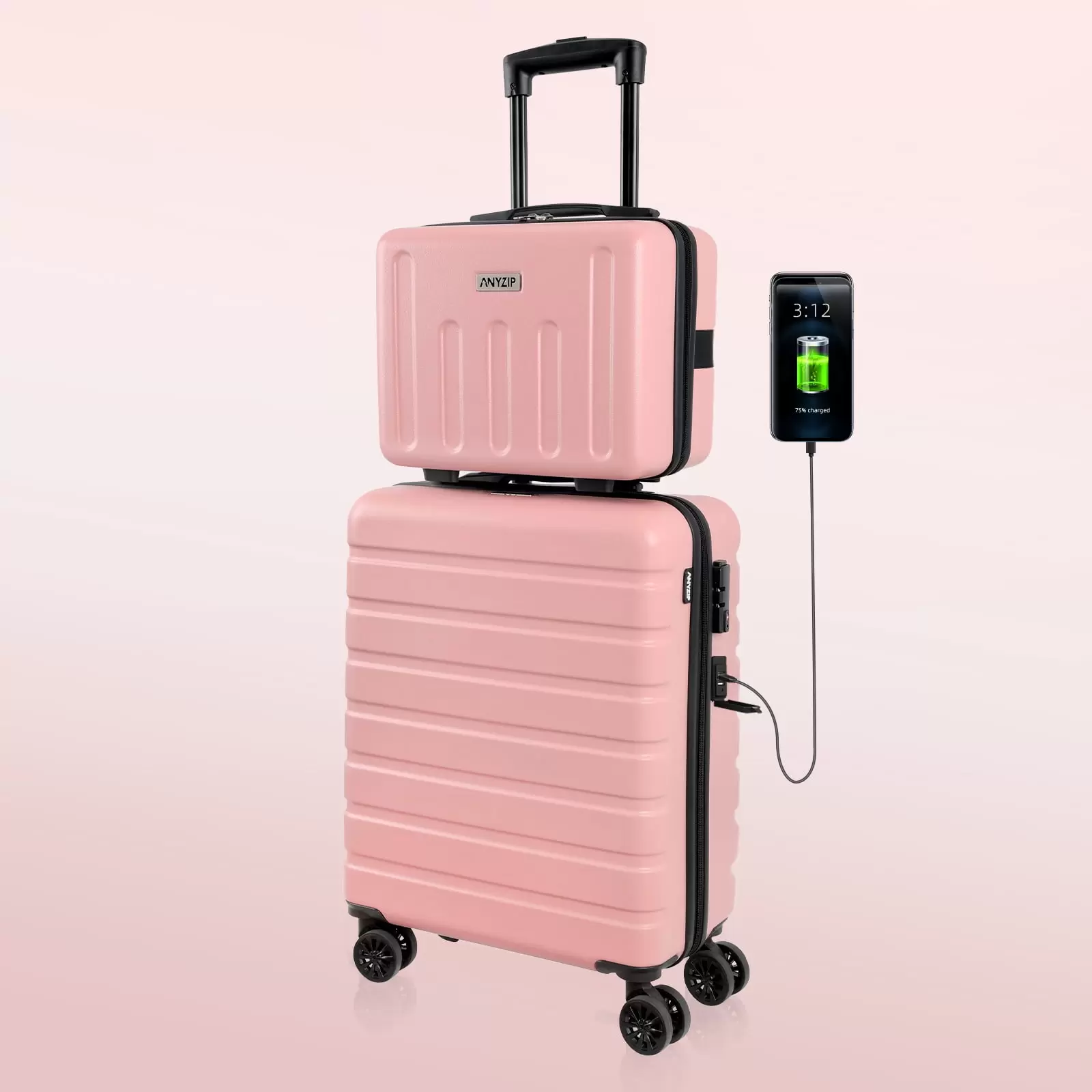 AMZFUN 20 Hardside PC ABS Lightweight USB Suitcase Carry On Luggage with TSA Lock Pink