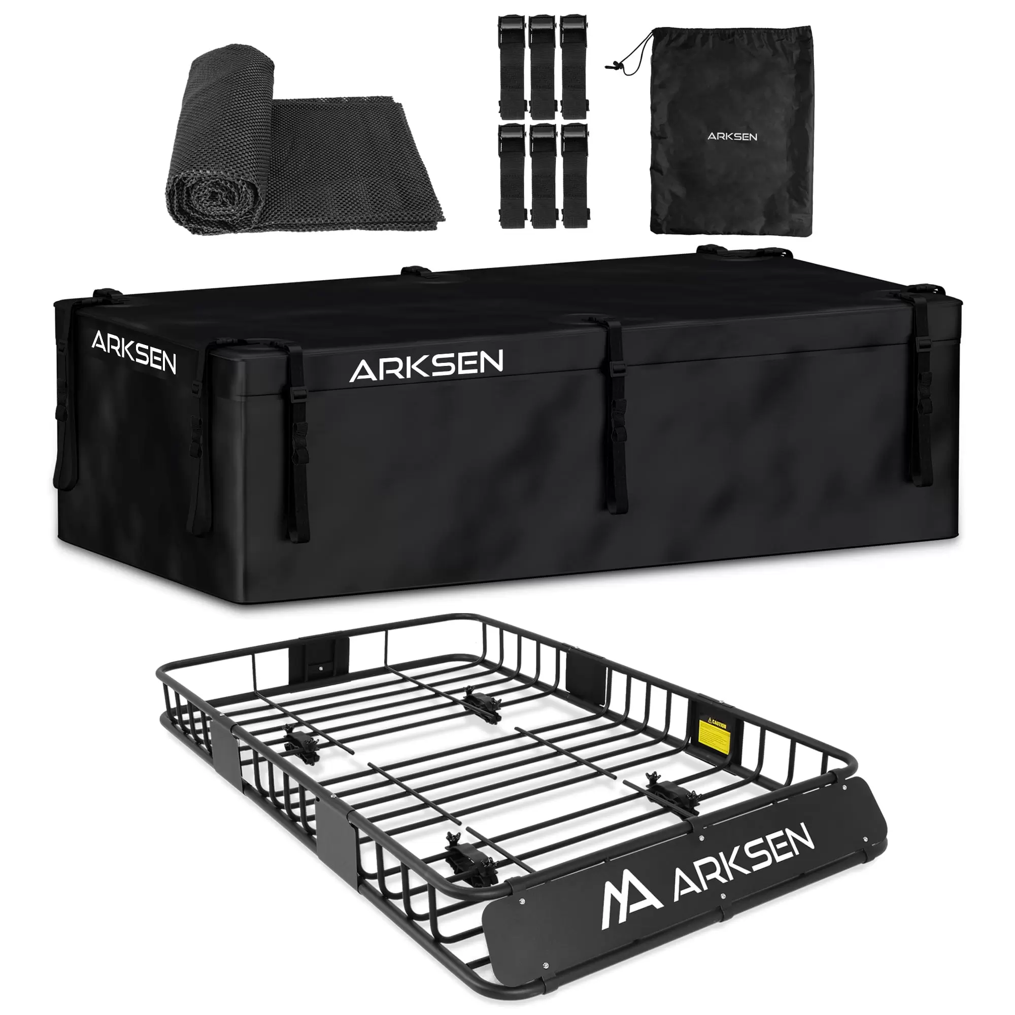 ARKSEN 64 Universal Black Roof Rack Cargo Extension With Waterproof Cargo Bag Car Top Luggage Holder Carrier Basket SUV Storage