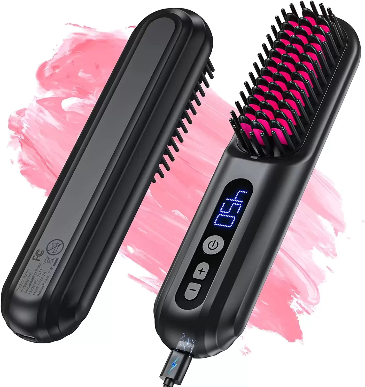 ATUPEN Cordless Hair Straightener Brush. Portable Negative Ion Hot Comb 45Mins Long Battery Life with USB Rechargeable Feature Fast Heating 9 Temp Settings Anti-Scald. 30Mins Auto-Off. for Travel