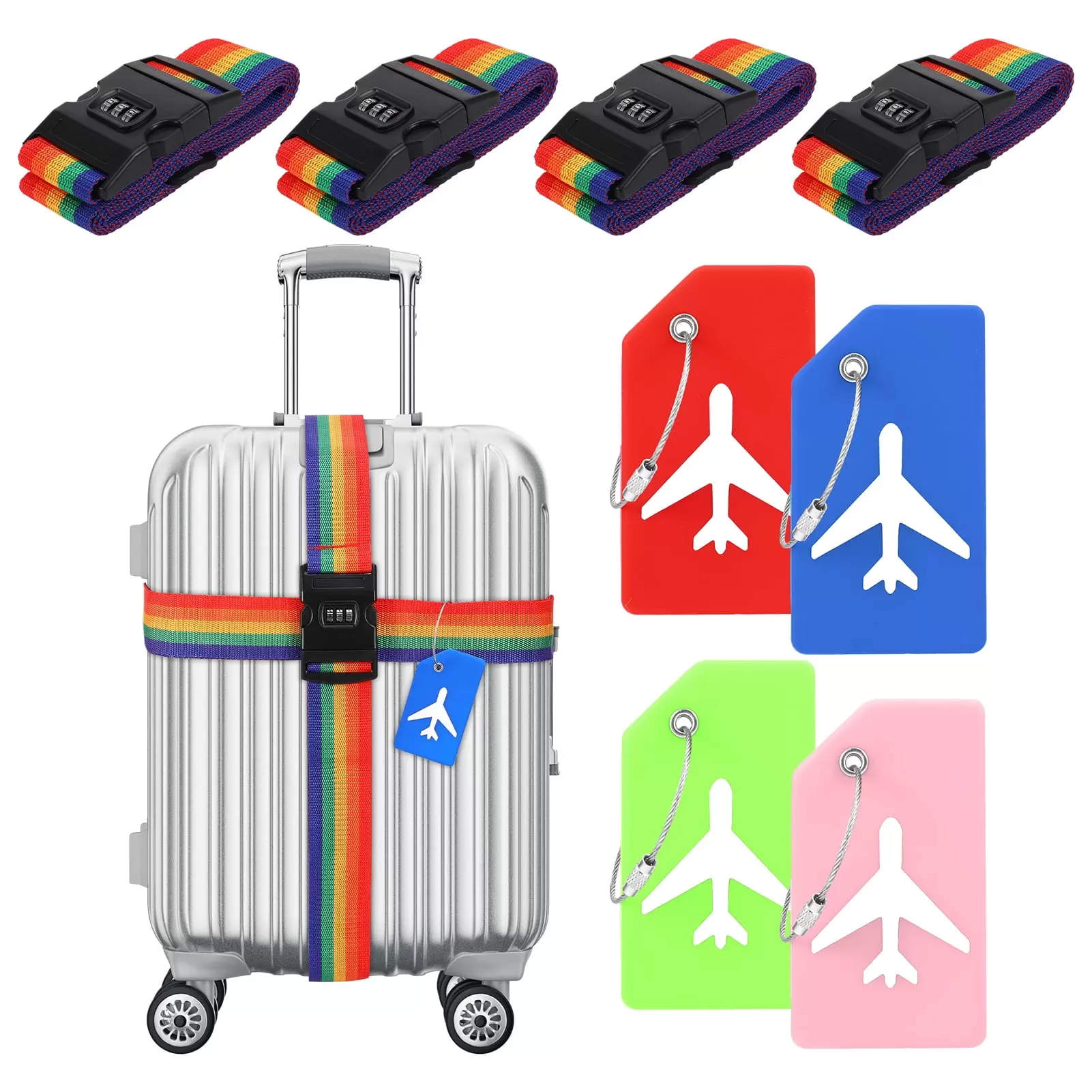 Abaima 4 Pcs Luggage Strap with Password and 4 Luggage Tags.79 Inch Rainbow Luggage Belt Strap for Suitcases TSA Approved. Adjustable Luggage Belt with Buckles for Camping Hiking Outdoor Carry Handbag(with Tags)